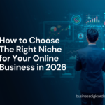 "Choosing the right niche for an online business with brainstorming notes and laptop workspace"