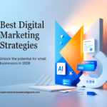 “Digital marketing strategies for small businesses in 2026 with icons of SEO, social media, AI tools, and growth analytics”
