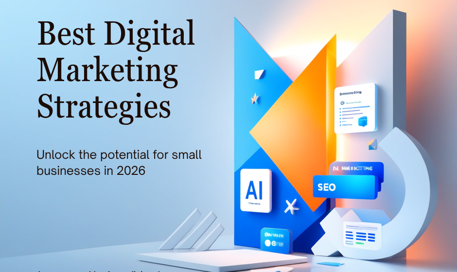 “Digital marketing strategies for small businesses in 2026 with icons of SEO, social media, AI tools, and growth analytics”