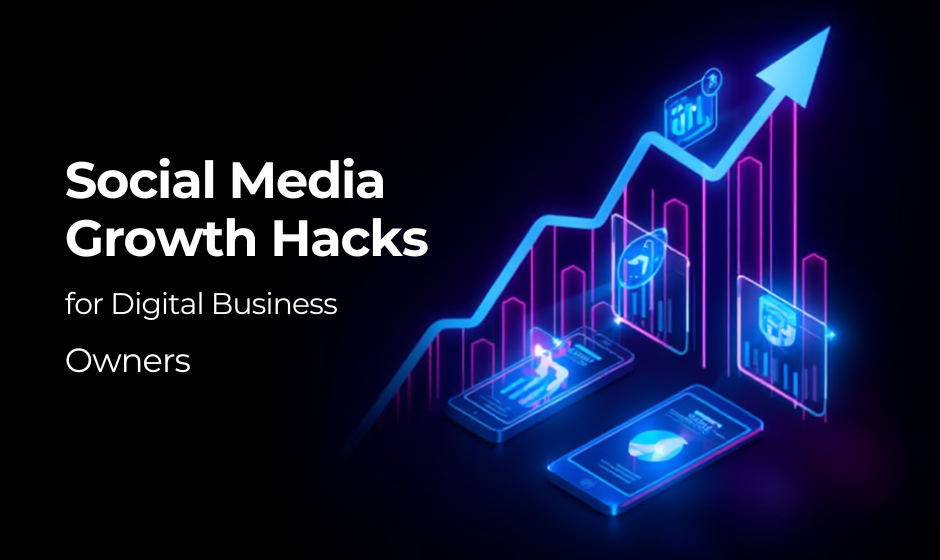 “Social media growth strategy illustration showing digital business owner increasing followers and engagement”