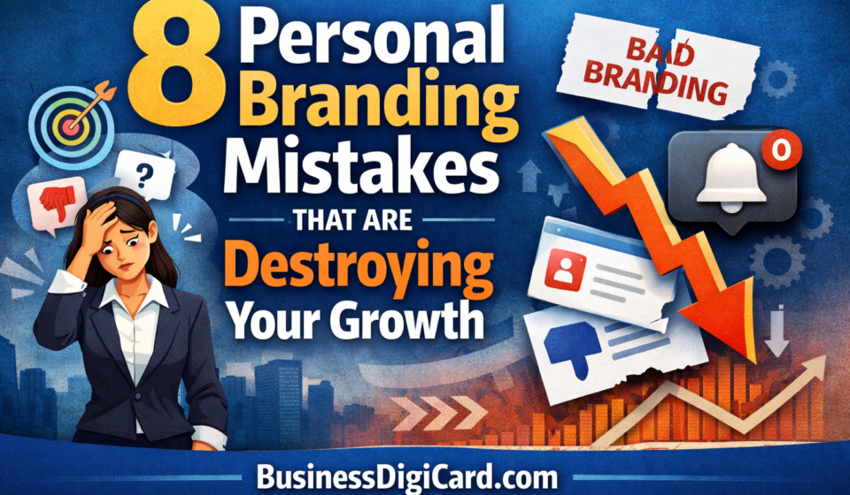“Common personal branding mistakes illustration with broken growth graph and social media icons”