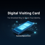 Digital visiting card concept showing smartphone sharing contact details with QR code and modern business identity