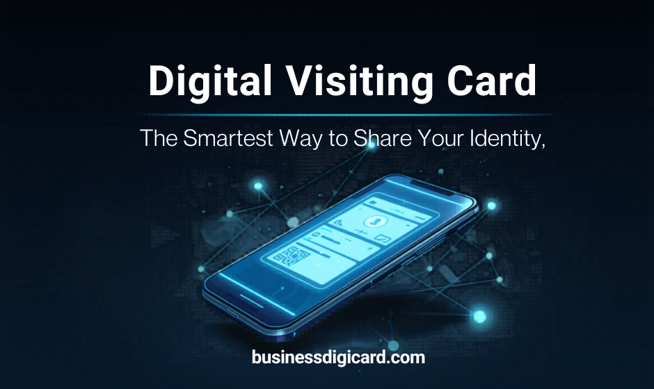 Digital visiting card concept showing smartphone sharing contact details with QR code and modern business identity