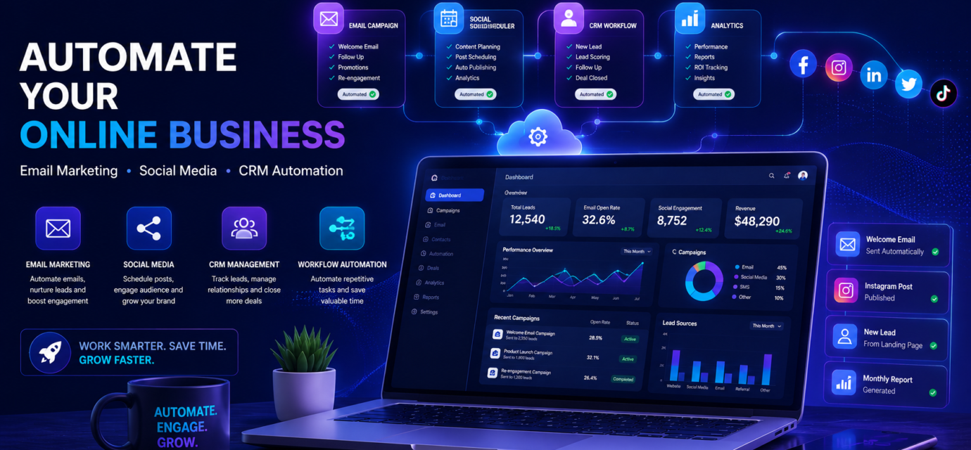 Online business automation dashboard showing email marketing, social media scheduling, and CRM workflow automation.