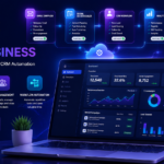 Online business automation dashboard showing email marketing, social media scheduling, and CRM workflow automation.