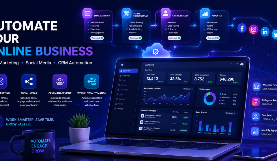Online business automation dashboard showing email marketing, social media scheduling, and CRM workflow automation.