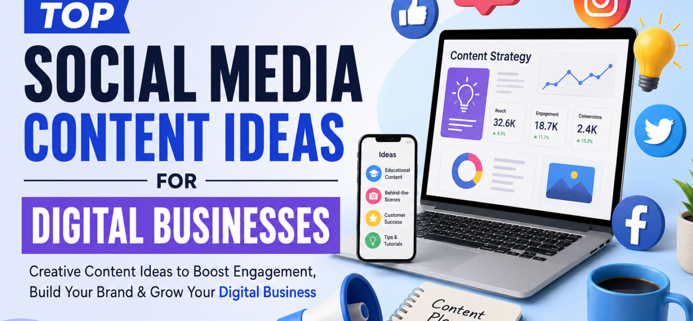 "Creative social media content strategy dashboard for digital businesses with branding, marketing analytics, content planning, and audience engagement elements."