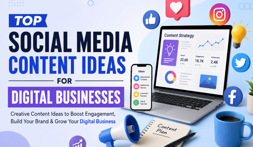 "Creative social media content strategy dashboard for digital businesses with branding, marketing analytics, content planning, and audience engagement elements."
