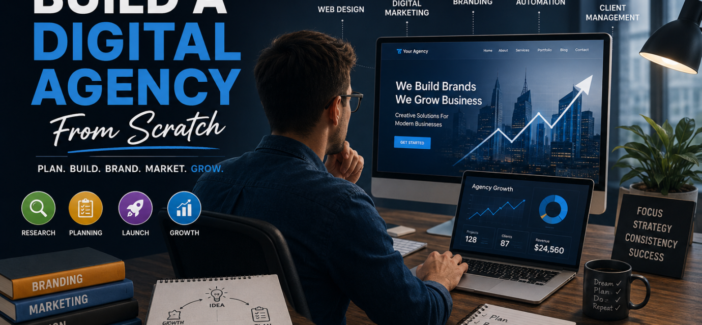 "Entrepreneur building a digital agency from scratch with branding, marketing, web design, automation, and client management tools displayed on modern digital screens."