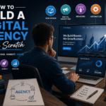 "Entrepreneur building a digital agency from scratch with branding, marketing, web design, automation, and client management tools displayed on modern digital screens."