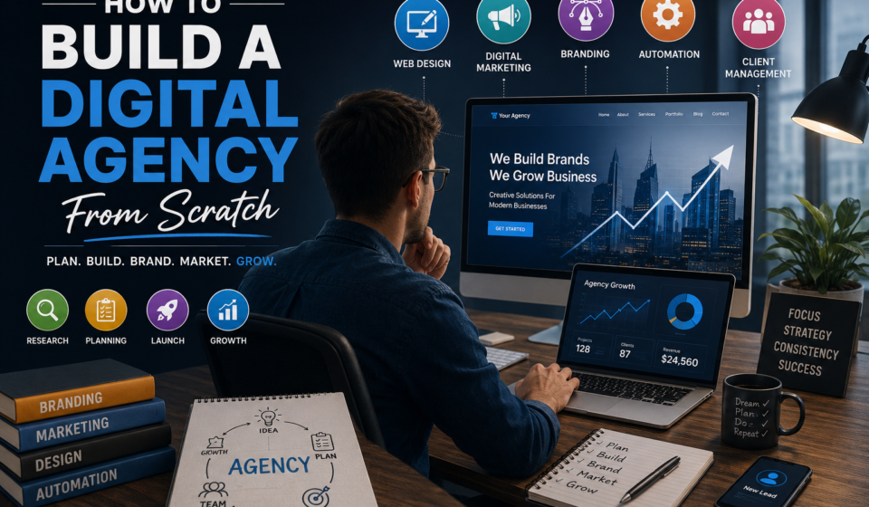 "Entrepreneur building a digital agency from scratch with branding, marketing, web design, automation, and client management tools displayed on modern digital screens."